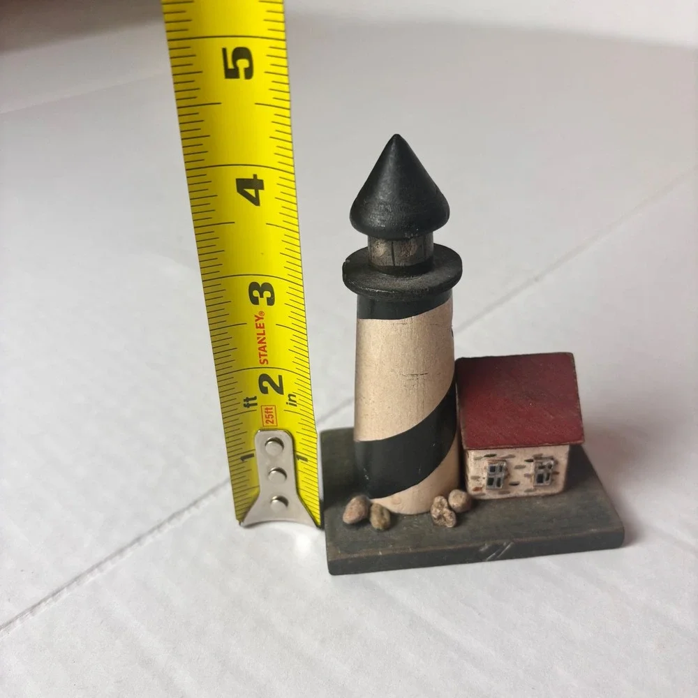 Handmade Wooden Lighthouse Figurine Nautical Coastal Fisherman Decor Mini 4.5